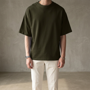 High Quality Heavy Weight Cotton T-Shirt Men Drop Shoulder Short Sleeve Blank Solid Olive Jersey Fabric Anti-Pilling Breathable - Product Image 2