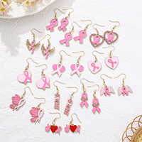 Boucles d'oreilles pendantes en gros avec ruban rose de sensibilisation au cancer du sein, émail et strass, pendentifs cœur et papillon, cadeaux de charité pour femmes