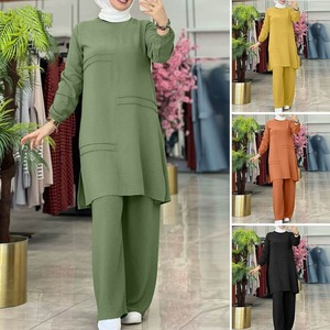 Abbigliamento islamico a righe di vendita calda 2 pezzi Set modesti abito Abaya Muslim Top tunica e pantaloni - Product Image 2