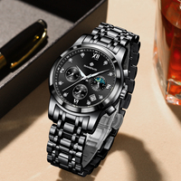 Montre de luxe pour homme BW8862 avec 3 sous-cadrans, chronographe, en acier inoxydable noir, style dessin animé, chiffres romains, phases de lune, lumineuse