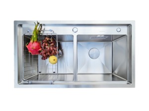 Évier de cuisine double en acier inoxydable 304, fait main, durable, style ferme, avec façade frontale, fabriqué au Vietnam - Product Image 4