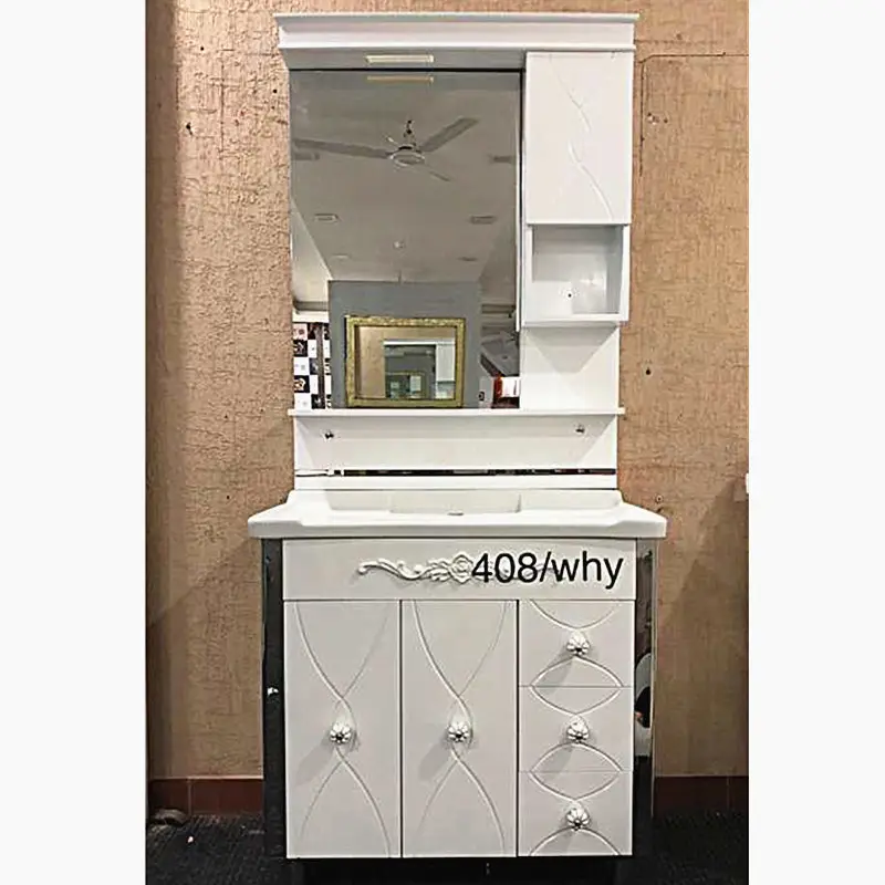 Precio DE FÁBRICA DE China Venta caliente Gabinete blanco Espejo de maquillaje Fregadero Precio al por mayor Tocador de baño de PVC