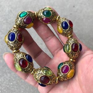 Retro <strong>Tibetan</strong> <strong>Silver</strong> Inlaid with Jade Six-character Maxim Bracelet Punk Lucky Beaded - Product Image 2