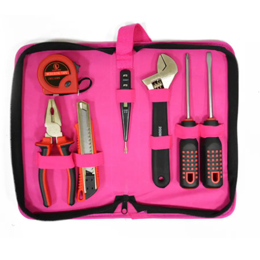 Set di utensili a mano per uso domestico a portata di mano da 8 pezzi Kit di attrezzi da donna per riparazione domestica scatola di attrezzi rosa