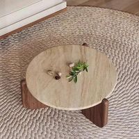 Runder Travertin-Couchtisch mit Massivholzrahmen, Minimalistischer Kleiner Niedriger Steintisch für Kleine Wohnungen, Wohnzimmer und Balkon