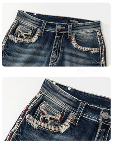 Stock Men’s Heavy Stitch <b>Embroidered</b> Straight Leg Denim <b>Jeans</b> Vintage Enzyme Washed <b>jeans</b> for men - Product Image 5