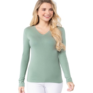 Camisetas de manga larga con cuello de pico para mujer, Camiseta básica activa de peso ligero, camisetas de manga larga con estampado personalizado - Product Image 1