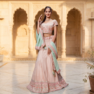 Pink Embroidered <b>Silk</b> and Crepe Lehenga Choli With Mint <b>Green</b> Dupatta For Wedding Wear - Product Image 6