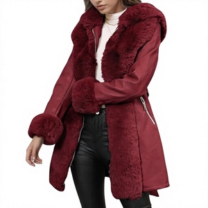 Manteau d'hiver pour femme avec capuche et garniture en fausse fourrure, veste en cuir synthétique zippée avec ceinture, coupe-vent et chaud - Product Image 1