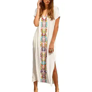 अनुकूलित महिलाओं के समुद्र तट छुट्टी पोशाक Pleated बुना रेयान कढ़ाई पोशाक बोहेमियन पोशाक