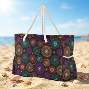 Bolso de Playa Impermeable para Mujer con Cremallera, Estampado Personalizado, Asas de Cuerda con Diseño de Puntos Aborígenes Australianos, Ideal para Viajes de Fin de Semana de Verano - Product Image 1