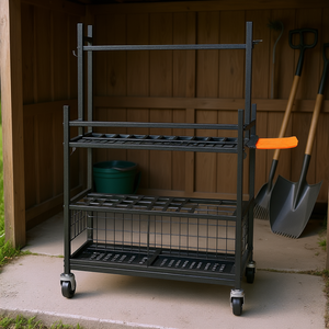 Organizador de herramientas de jardín con marco de metal, 16 ranuras, ruedas y estante de almacenamiento para garaje o cobertizo exterior. - Product Image 2