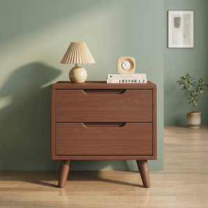 Table de chevet en teck de style mid-century avec 2 tiroirs sans poignées à encoches ondulées - Product Image 3