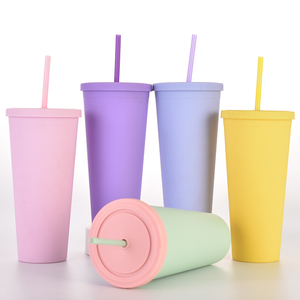 700ml 24oz Pastel Colored Plastic Cups with Lids and Straws Double Wall Matte Acrylic Bulk Tumblers Cup Customizable DIY Gifts