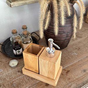 Bamboo Bathroom Set Two Piece Square <b>Toothbrush</b> <b>Holder</b> Soap Dispenser Minimalist Style For Bathroom Storage - Product Image 1
