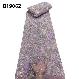 Toptan fiyat nijeryalı tasarım 3D çiçek boncuklu dantel kumaş afrika düğün lüks nakış dantel kumaş