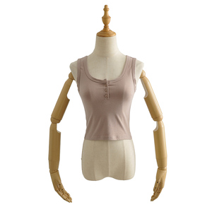 Alta qualità pesca spazzolatura cotone senza maniche con bottone <span class=keywords><strong>donna</strong></span> base canotta t Shirt - Product Image 4