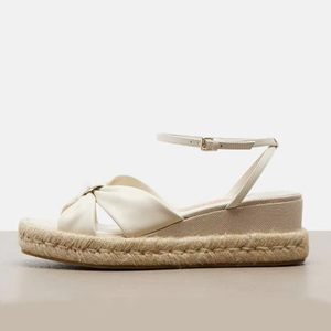 Sandales à talons compensés hauts pour femmes, en matériaux tressés fantaisie, à bout ouvert, avec nœud, grande taille 45, chaussures à plateforme à coupe large - Product Image 2