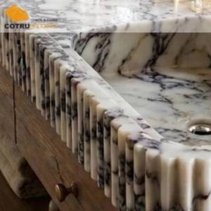 <span class=keywords><strong>Lavabo</strong></span> <span class=keywords><strong>sur</strong></span> <span class=keywords><strong>pied</strong></span> en marbre Calacatta Viola fait main avec meuble en bois et plan de toilette en pierre naturelle pour salle de bain décorative - Product Image 5