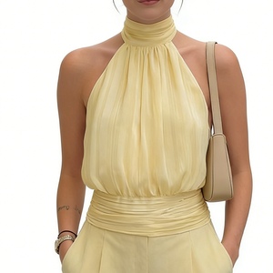 Top corto halter sin espalda para mujer, sin mangas, con lazo en la espalda, fruncido, tipo blusa/chaleco, para fiesta, a la moda - Product Image 1