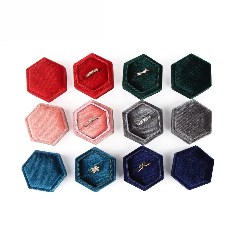 Elegante Luxe Hexagon Rode Wijn Rode Fluwelen Suede Ring Box Sieraden Verpakking Wedding Ring Display Pakket Dozen