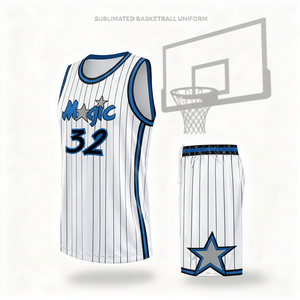 黒のストライプと白のプリント入り昇華型通気性バスケットボールチームユニフォームセット-カスタムチーム名・背番号卸売大量注文 - Product Image 1