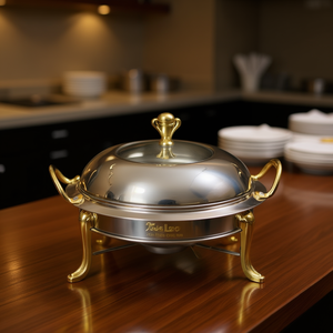 Plat de service rond en acier inoxydable avec accents dorés, chauffage électrique, couvercle en verre, pour la restauration, température manuelle C - Product Image 2