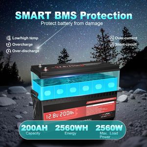 Paquete de 2 Baterías de Litio Hierro Fosfato LiFePO4 de 12V 200Ah con BMS de 200A y Más de 15000 Ciclos para Almacenamiento de Energía Solar en Autocaravanas y Camping - Product Image 2