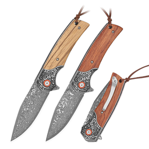 Couteau pliant de poche en acier Damas de qualité industrielle OEM, manche en bois, couteau de poche pour le camping en plein air - Product Image 1