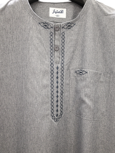 <b>Men's</b> Cotton <b>Thobe</b> Casual Floor Length Short Sleeve Solid Color Embroidery Middle East Daily Wear 56-62 Sizes 6 Colors - Product Image 4