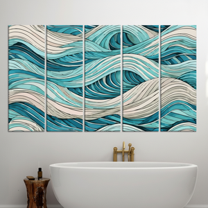 Art sur toile imprimé de style bohème moderne : décoration murale abstraite à thème vague, lot de 5 toiles - Product Image 3