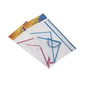 school student have stock 4 pieces geometry set protractor,ruler,set square