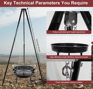 Portable <b>Tripod</b> <b>Camping</b> Grill With Adjustable Chain Outdoor <b>Fire</b> Grill for <b>Camping</b> and Backyard Cooking - Product Image 3