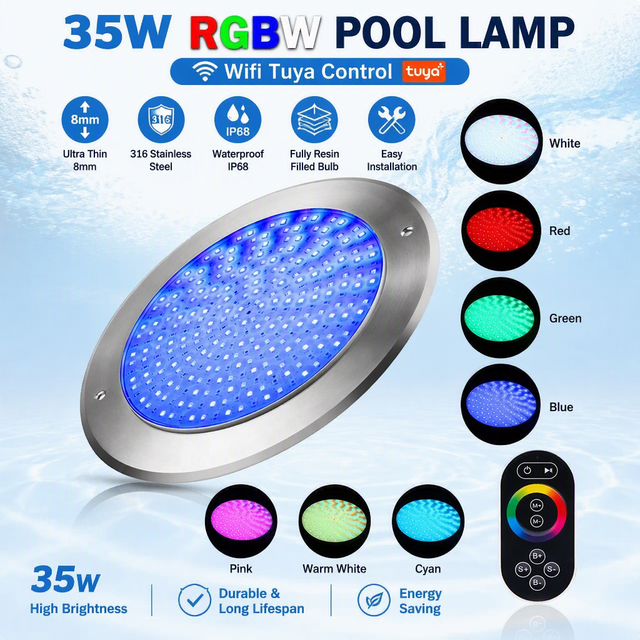 35W RGBW 12V Wifi Tuya Slim Flat Underwater Lamp 316SS Resin Filled LED Swimming Pool Lights for Piscina