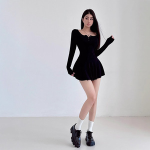 Ballet Style U Neck Long Sleeve Dress Women Autumn Pleated A Line Skirt Solid Color Slim Fit Sports Leisure - Product Image 4