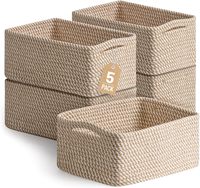 Yilobi Lot de 5 Petits Paniers de Rangement Décoratifs en Corde de Coton Tressée pour Salle de Bain et Chambre d'Enfant - 11,8x7,9x4,7 Pouces Kaki/Blanc