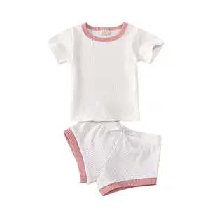 Baumwolle Kleidung Sets Kleinkind Kinder Baby Jungen Mädchen Solid Baby Sommer gerippt gestrickt Kurzarm T-Shirts Shorts Bottoms Outfits