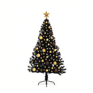 Sapin de Noël artificiel noir de 59,06 pouces pré-éclairé à LED blanc chaud, pour intérieur, sur pied, avec décorations et ornements - Product Image 1