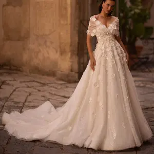 2024 mütevazı düğün elbisesi es zarif kapalı omuz kısa kollu dantel balo kristal prenses düğün elbisesi Vestido De Vestido