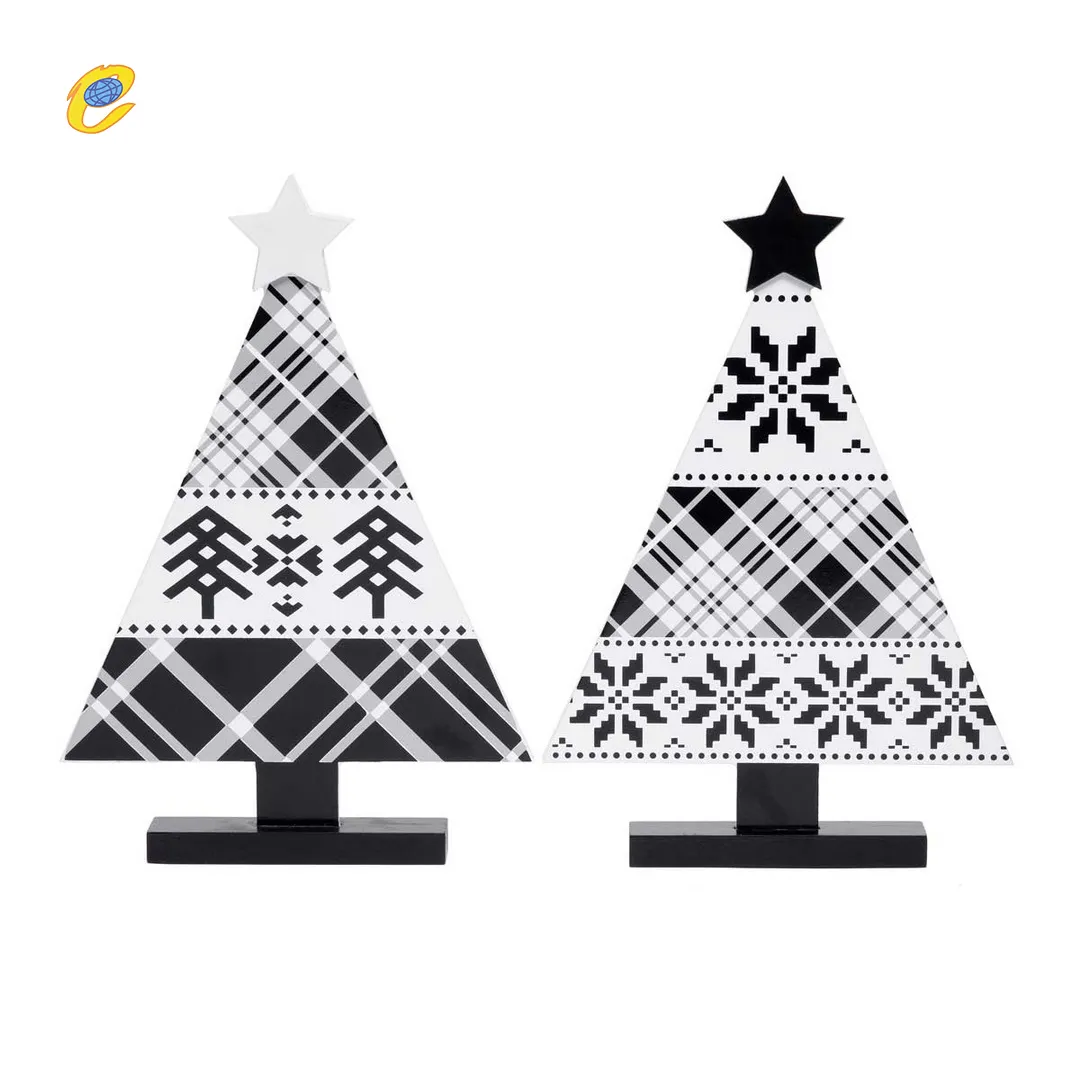 Decoração de mesa de Natal com estampa de Feliz Natal enfeite de árvore de Natal em madeira quadriculada preto e branco