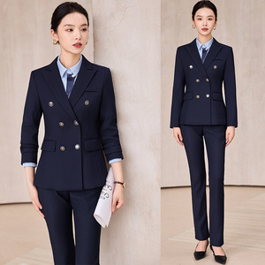 Women's Dark Blue Double-Breasted Suit Set Full Sleeve Polyester Formal Work Wear Spring Autumn Anti-Wrinkle - Product Image 1