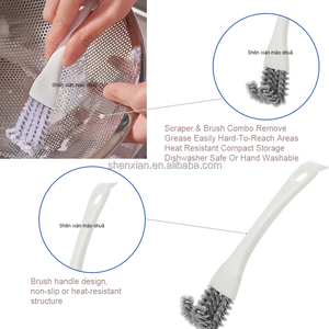 Sikat panggangan bulu nilon alat pembersih BBQ pegangan plastik pengeruk besi tahan karat - Product Image 4