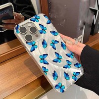 Hermosa funda de teléfono móvil de PC con estampado de mariposa azul y seda plateada para Iphone 8 X Xr Xs Max 11 12 13 14 15 16 17 Air