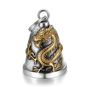 Cadeau pour motard : Collier pendentif cloche de protection porte-bonheur en acier inoxydable, style moto, motif dragon, pour la protection en conduite - Product Image 1