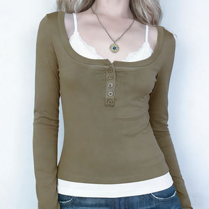 Patchwork Breathable Knit Long Sleeve T-Shirt Women Summer Fashion Sexy V-Neck Loose Comfortable Casual Office Base Layer <b>Top</b> - Product Image 2