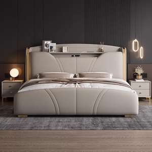 Modern <strong>LED</strong> <strong>Light</strong> Queen &amp; King Upholstered Beds with USB Port Stainless Steel &amp; Wooden Bedroom <strong>Furniture</strong> Direct Factory Supply - Product Image 1