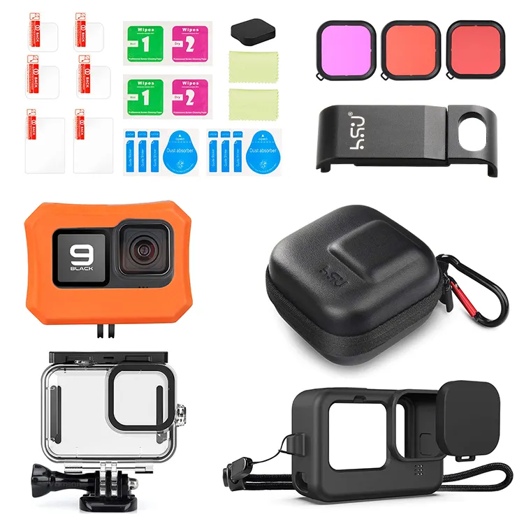 HSU casing silikon Film tahan air Kit filter warna-warni untuk Gopro9/10/11/12 casing dengan layar bawaan dan pelindung lensa kamera