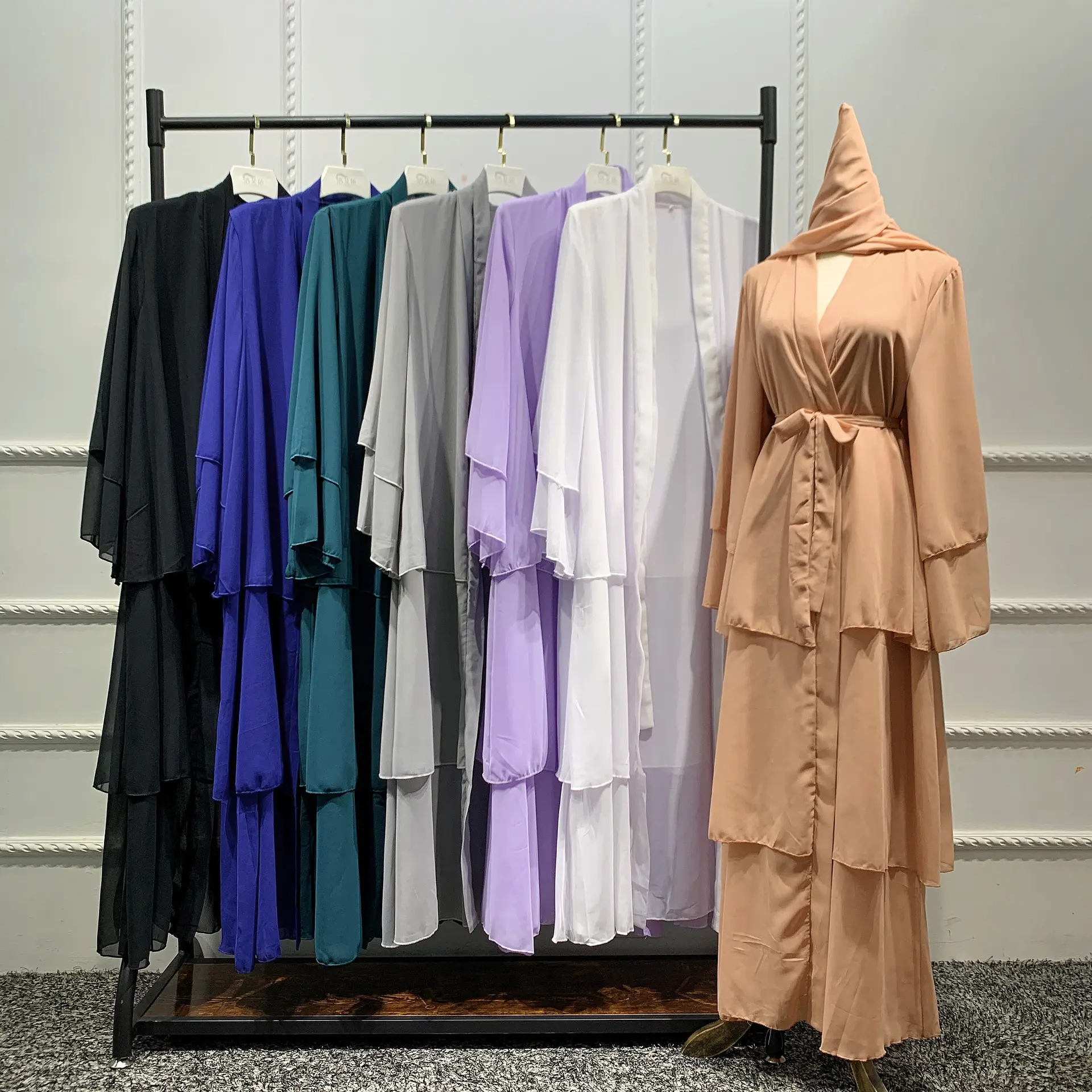 2024 Nieuwe Dubai Muslimah Abaya Jurk Arabische Effen Chiffon 3-laags Lang Open Vest Dame Gewaad Maxi Kaftan Jurk Kimono