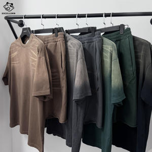 Pantaloncini da uomo in puro cotone, fatti a mano, con motivo tigre, tinta spray, lavaggio effetto vintage, stile americano, pesanti, a maniche corte, vestibilità ampia - Product Image 6