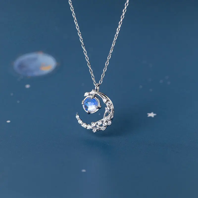 Wholesale 925 Sterling Silver Zirconia Moon Pendants&Necklaces Women Jewelry